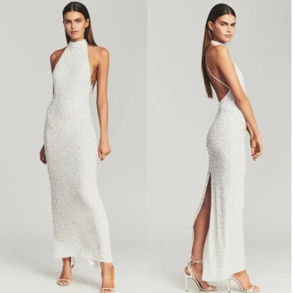 Retrofete Olivia Hand Beaded Sequin Halter Open Back Gown White $800